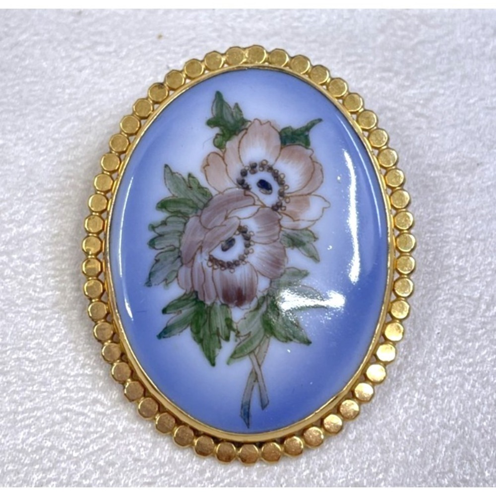 Vintage Signed Copenhagen Porcelain Flower Brooch Gold Filled Denmark B & G